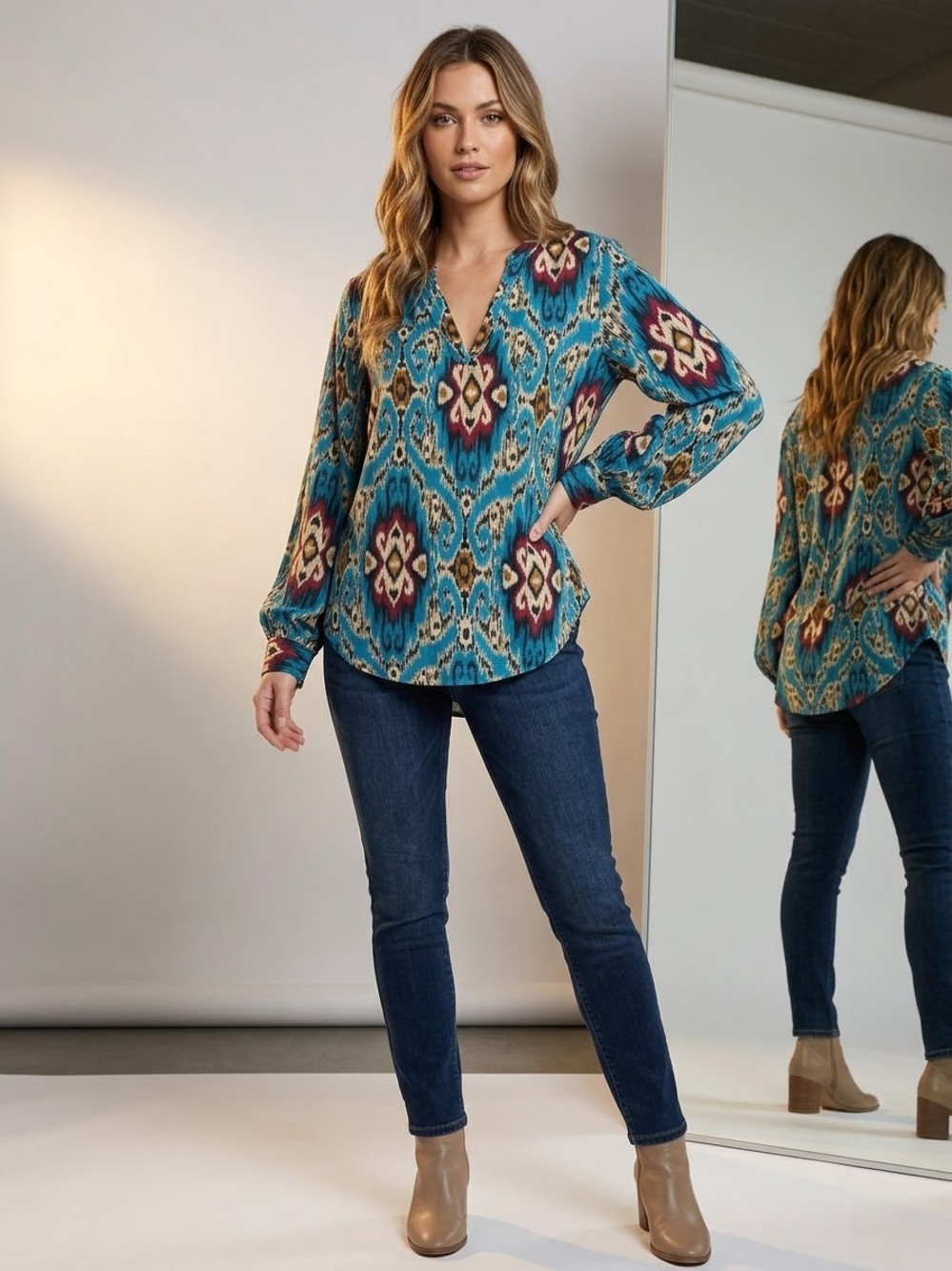 Finley Teal Ikat V-Neck Long Sleeve Blouse